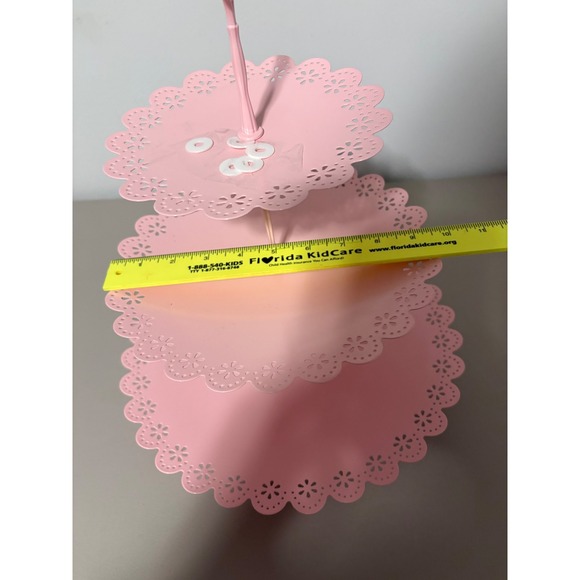 Pink 3 Tier Metal Cupcake Stand Eyelet Lace Scalloped Edge Dessert Tower 16in - Picture 5 of 9